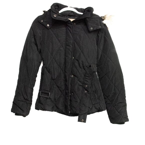 Jeane blush Womens Quilted Black Hooded Coat With Faux Fur Trim & Belted Waist S - Picture 1 of 8